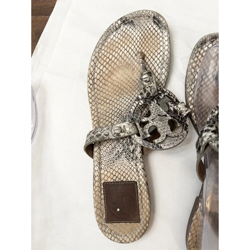 TORY BURCH Miller Thong Snakeskin Python Sandals $235 Size 8